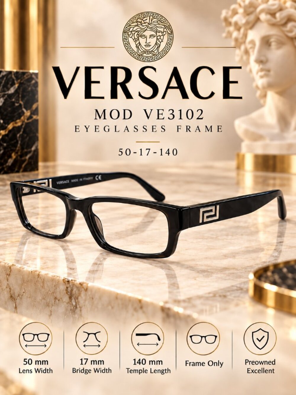 Versace MOD VE3102 108 Black Eyeglass Frames 50-17-140 Made in Italy